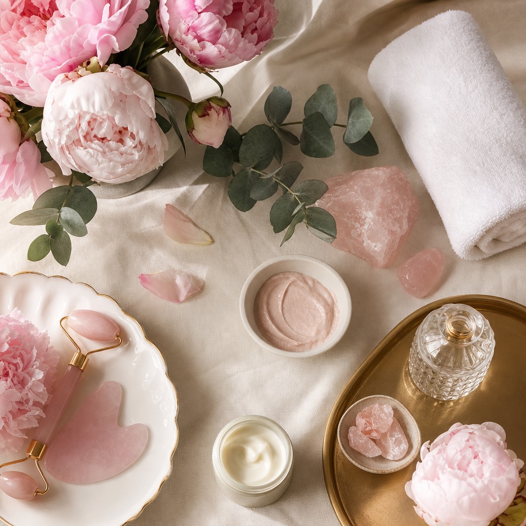 Elegant flat-lay of beauty and wellness products in soft blush tones